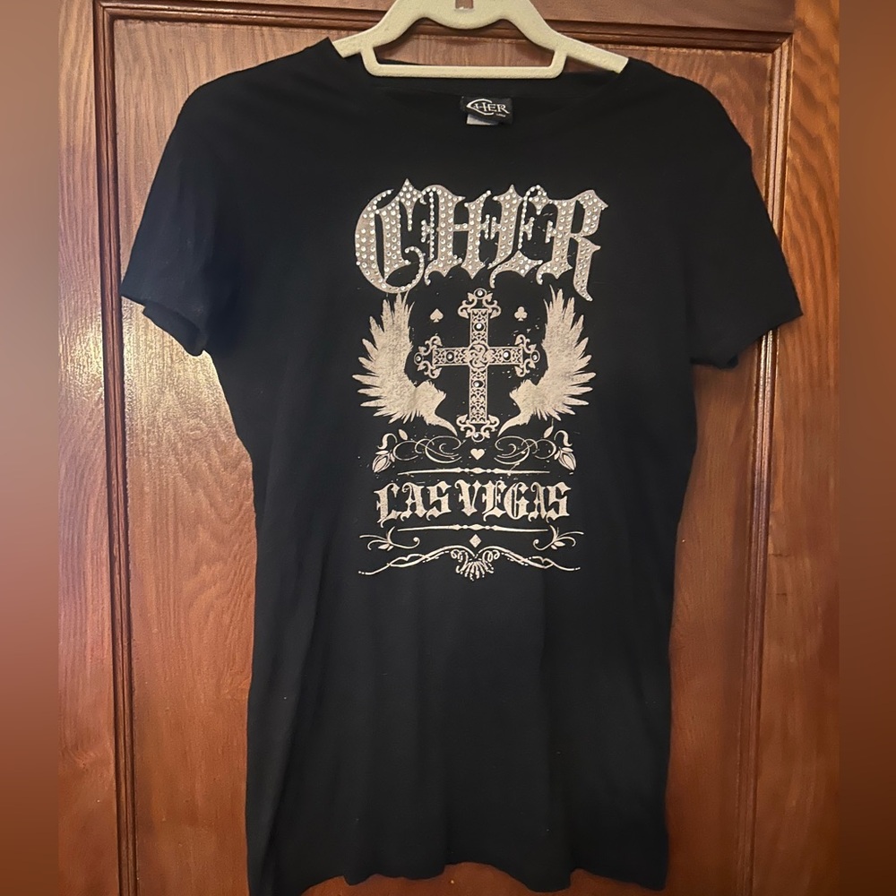 Cher Las Vegas Caesars Palace Rhinestone Concert Tee Black Silver Large